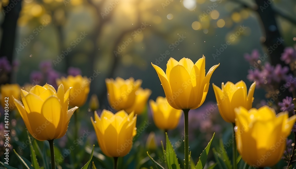 Obraz premium yellow tulips in bloom with fresh dew reflecting early morning light, vibrant and lush garden ambiance, spring renewal theme