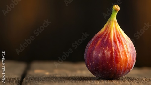 Single Ripe Fig Minimalist Composition on Rustic Wooden Surface