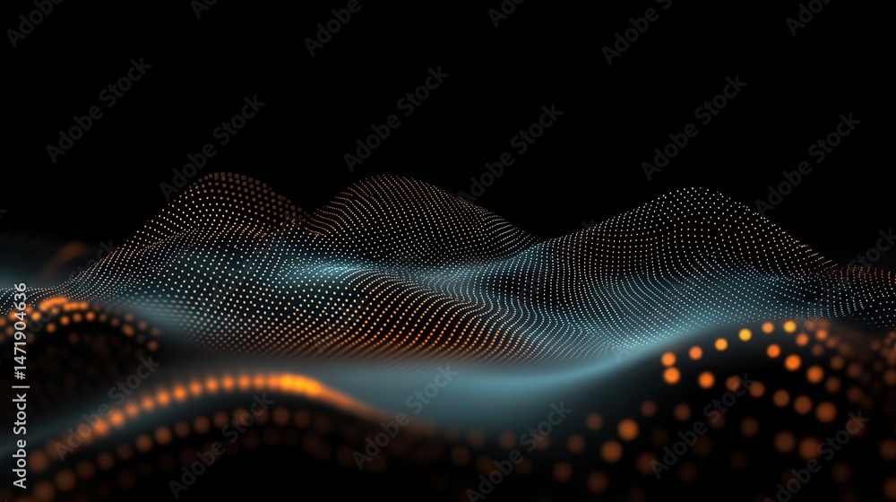 Abstract Background with Glowing Orange and Blue Dots Forming Waves in a Dark Space with a Modern Futuristic Design and Digital Visual Elements Abstract Background with Glowing Orange and Blue Dots Forming Waves in a Dark Space with a Modern Futuristic Design and Digital Visual Elements