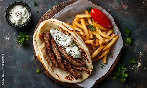A delicious gyro sandwich with fries and white dipping sauce