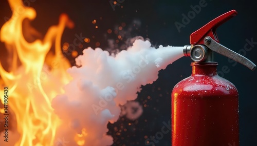 Close-up of a fire extinguisher spraying foam onto flames , fire, foam extinguisher