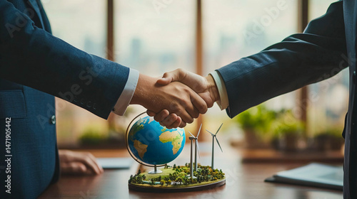 Handshake of two men in business suits. In the center is a globe, miniature wind turbines on a green base. Cooperation in the field of clean energy and global business initiatives.