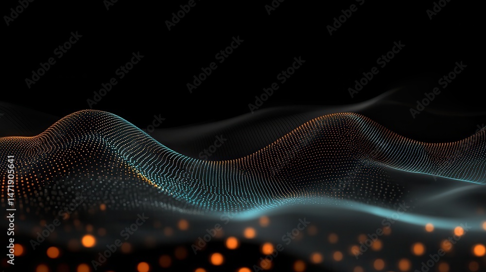 Abstract Digital Wave with Glowing Orange and Blue Dots on a Black Background Highlighting Futuristic Technology and Dynamic Motion for Data Visualization and Modern Design Abstract Digital Wave with Glowing Orange and Blue Dots on a Black Background Highlighting Futuristic Technology and Dynamic Motion for Data Visualization and Modern Design
