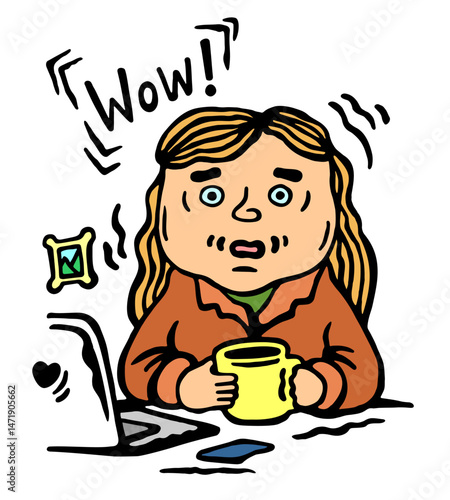 Color vector illustration of a surprised girl, at the office table with a cup of coffee, on a white isolated background