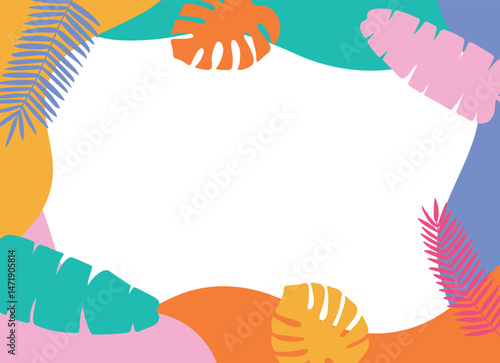 Vibrant tropical leaves frame design on white background, perfect for summer-themed invitations, social media posts, or creative projects. Bright colors add energy and freshness.