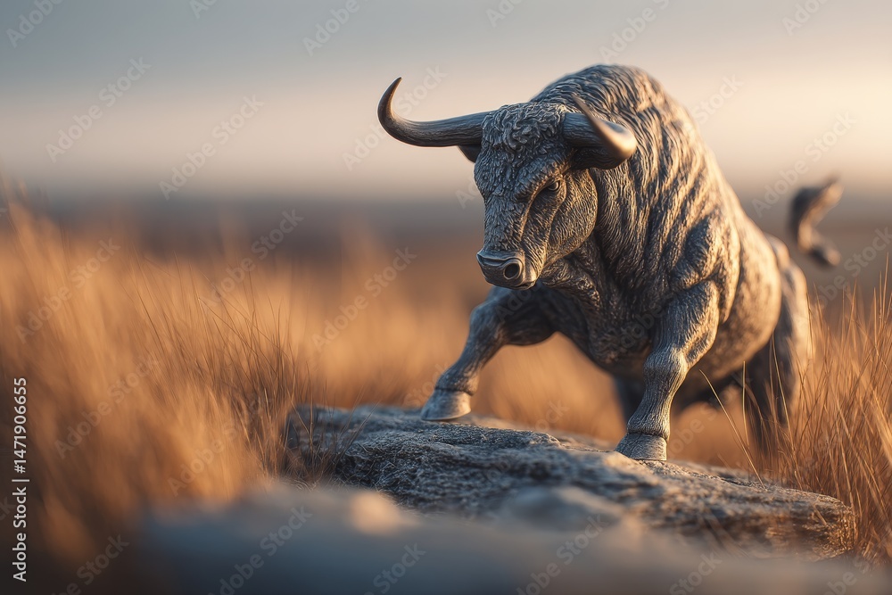 Fototapeta premium Powerful bull statue atop a rock in golden grass.