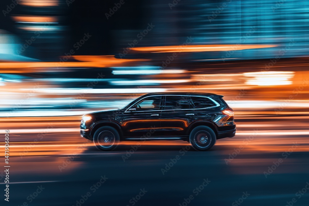 Fototapeta premium Speeding SUV with Motion Blur in Night City