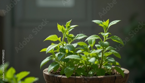 
Fresh green mint plant with vibrant leaves growing in a rustic wooden pot, soft natural lighting, minimal background, indoor herb garden vibe