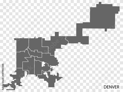 High Quality map Denver  is a city  of United States, with borders of the districts. Map Denver  of Colorado for your web site design, app, UI. EPS10.