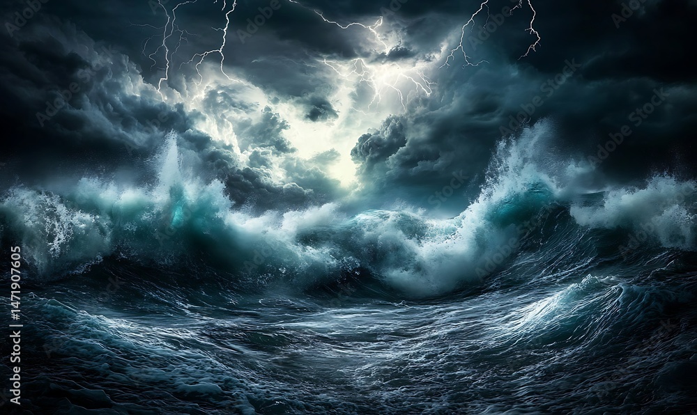 Dramatic seascape showing crashing waves and intense stormy weather