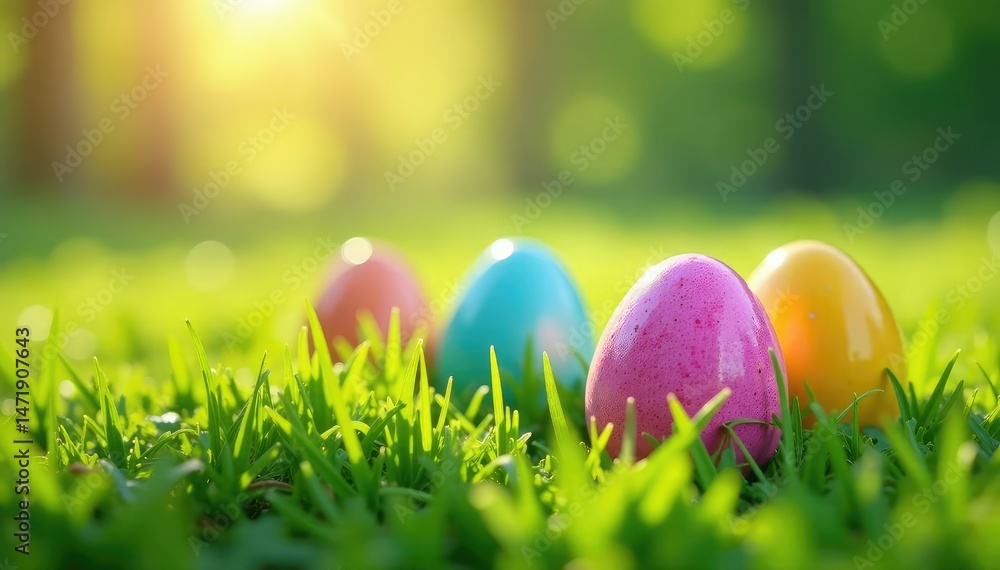 Fototapeta premium Colorful Easter eggs hidden in spring grass, ready for a hunt , red, rabbit, season