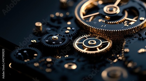 Close-up of a mechanical clock mechanism. the background is black, and the focus is on the intricate gears and cogs. the gears are gold in color and appear to be made of metal.