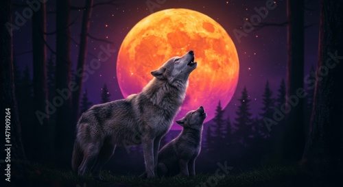 A captivating image of wolves under a vibrant orange moon.