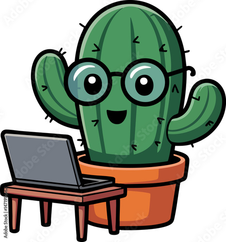 Friendly cactus librarian wearing glasses at laptop desk