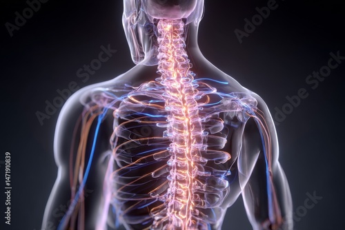 A detailed 3d rendering reveals the human spine and nervous system, a complex structure.