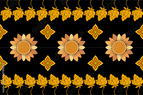 Elegant traditional Thai pattern with intricate golden floral and flame motifs on a black background. The seamless ornamental design is inspired by classic Thai art, suitable for textile design, cultu