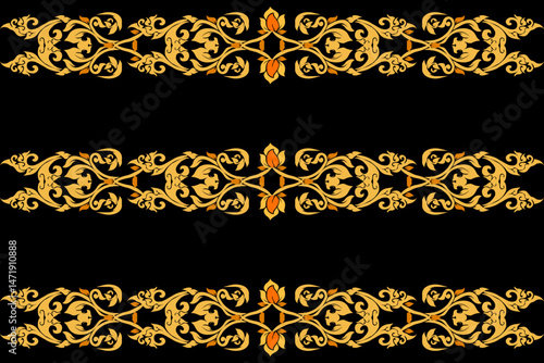 Elegant traditional Thai pattern with intricate golden floral and flame motifs on a black background. The seamless ornamental design is inspired by classic Thai art, suitable for textile design, cultu