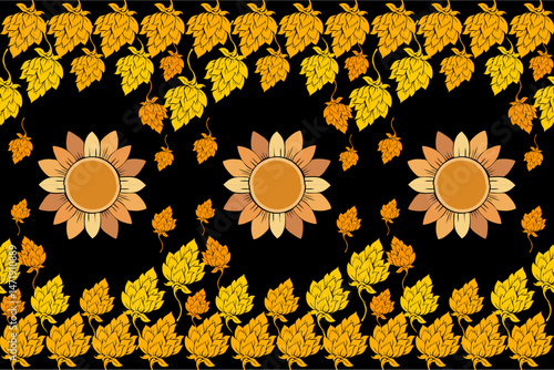 Elegant traditional Thai pattern with intricate golden floral and flame motifs on a black background. The seamless ornamental design is inspired by classic Thai art, suitable for textile design, cultu