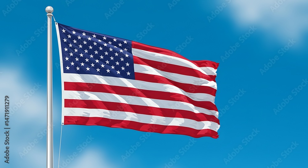 Obraz premium United States Flag Fluttering Elegantly Against a Radiant Blue Sky: A Patriotic Symbol of American Freedom and Independence, Rendered with Crisp Vector Precision