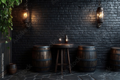 Dimly Lit Outdoor Bar Featuring Wooden Barrels and Stool Table Against a Dark Brick Wall with Hanging Lanterns and Rain in a Moody Night Time Atmosphere