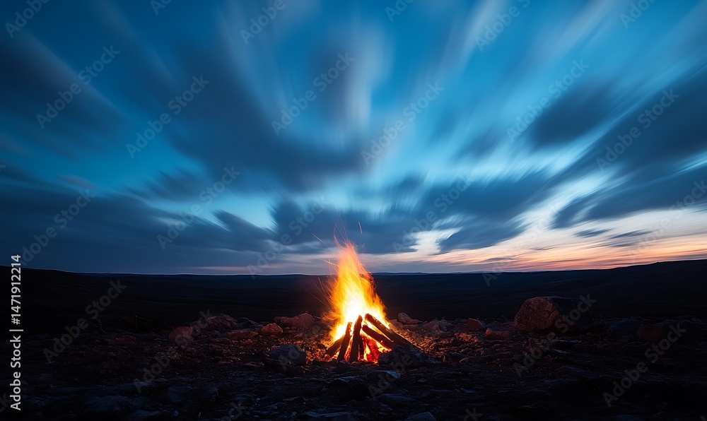 A beautiful bonfire burns brightly under a streaking cloudy night sky
