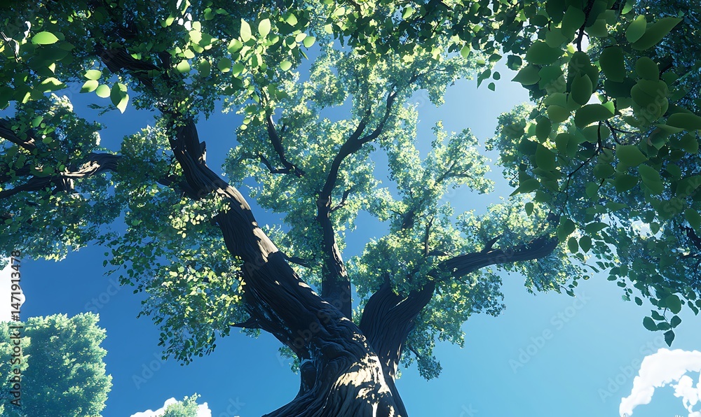 A grand old tree stretches towards a bright blue sky above