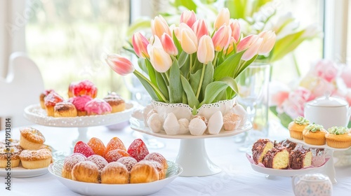 Easter morning table layout with modern d, fresh tulip centerpiece, and a mix of sweet seasonal pastries