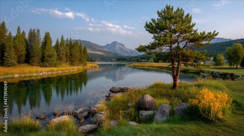 Serene View of a Calm Lake Surrounded by Pine Trees and Mountain Landscape