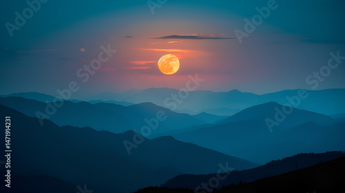 A serene landscape featuring layered mountains under a vibrant full moon at dusk or dawn scenery view