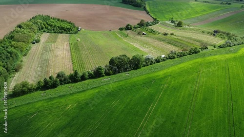 An aerial view captures the lush green fields and vineyard of the Czech countryside on a sunny day