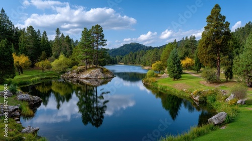 Tranquil Lake Surrounded by Dense Pine Forest Reflecting Blue Sky and Fluffy Clouds