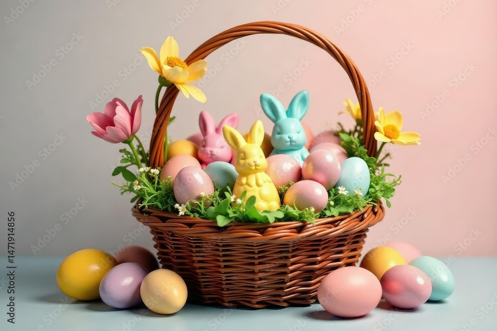 A colorful Easter basket overflowing with pastel eggs, chocolate bunnies, and spring flowers , candy, chocolate eggs A colorful Easter basket overflowing with pastel eggs, chocolate bunnies, and spring flowers , candy, chocolate eggs
