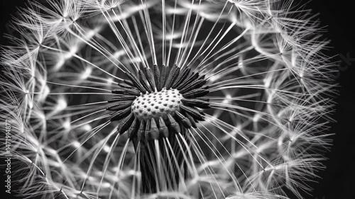 Black and white macro of dandelion seed head with radiating filaments and intricate central detail

