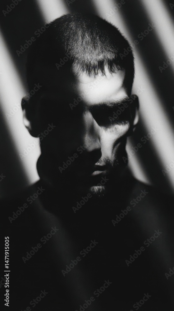 Fototapeta premium Close-up grayscale portrait of a man in shadow.