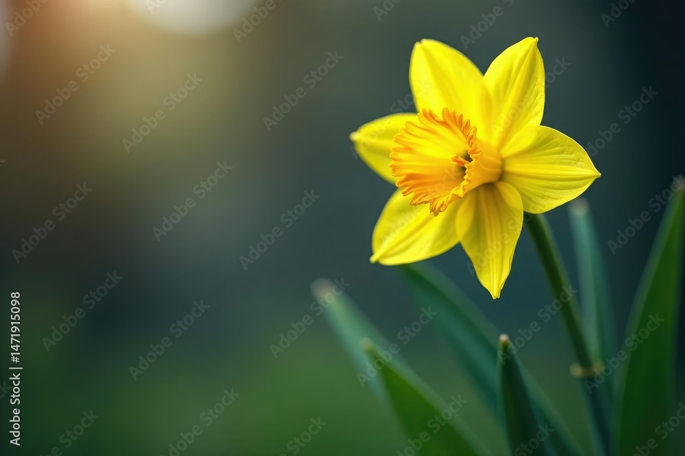 Fototapeta premium Single daffodil in bloom, yellow petals, green stem Close-up view against blurred background , flowering plant, vibrant
