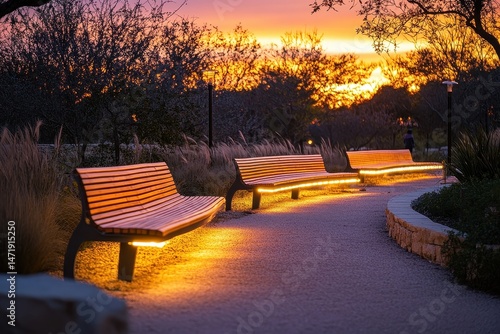 Illuminated Benches Along Stone Path in Park at Sunset Featuring Golden Light Shining Through Trees During a Warm Evening Scene