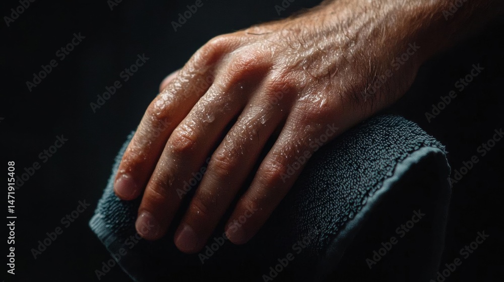 Fototapeta premium Close-up of a person's hand resting on a black object. the hand appears to be wet, with droplets of water visible on the skin.