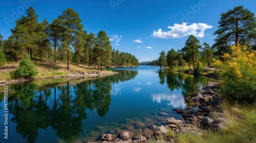 Tranquil Lake Surrounded by Lush Pine Forest under a Bright Blue Sky