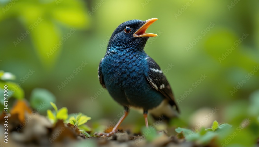 Obraz premium Close-up of a colorful extracted bird with blue and black feathers singing with open beak standing on the ground among green foliage and vibrant natural environment