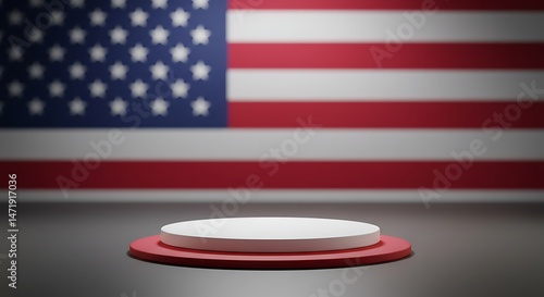 Patriotic Product Display: Red & White Round Podium Against Blurred American Flag Backdrop for July 4th Sale or Campaign, Modern Minimalist Style with USA Theme