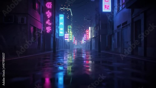 Anime scenery, colorful city lights in alley.