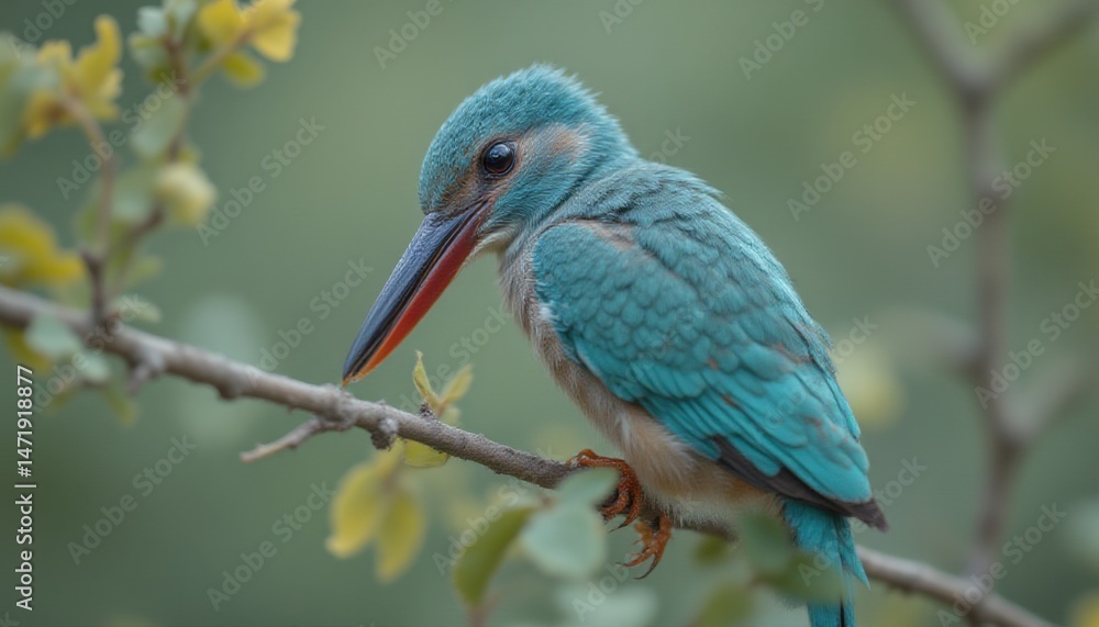 Obraz premium Close-up of a colorful kingfisher bird perched on a tree branch with green blurred background showcasing detailed feathers and vibrant coloration