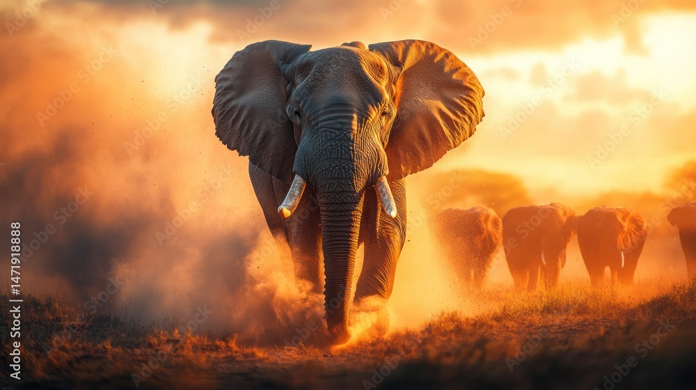 Obraz premium Majestic African elephant walking through savannah at sunset with dust clouds and herd in the background du golden hour in a natural wildlife scene