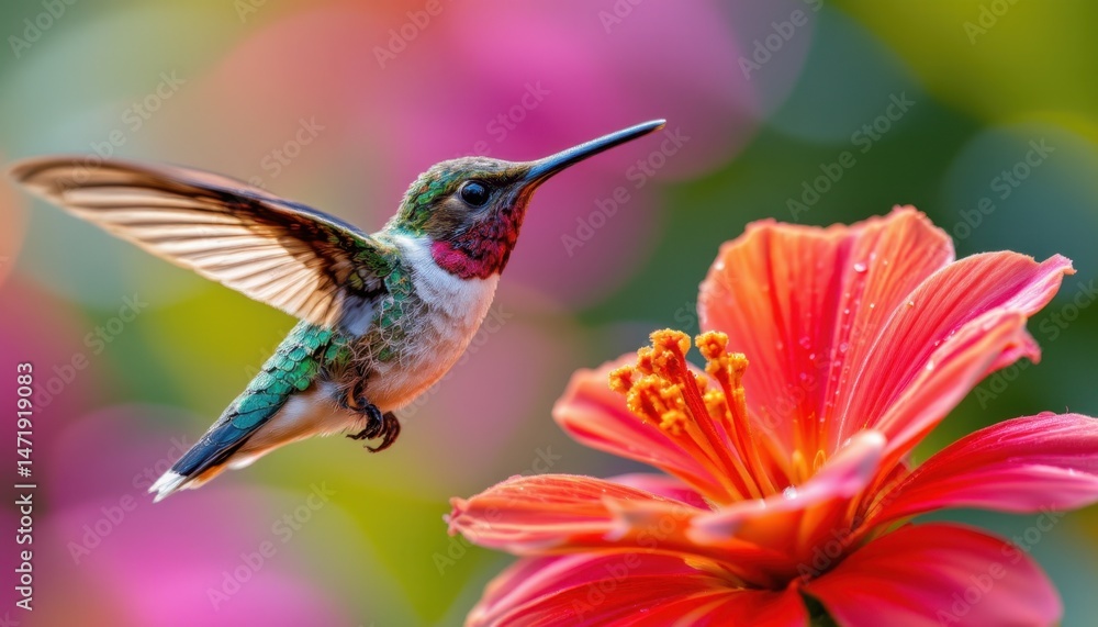 Vibrant hummingbird flying near a large pink hibiscus flower with colorful blurred garden background showcasing nature and wildlife in focus Vibrant hummingbird flying near a large pink hibiscus flower with colorful blurred garden background showcasing nature and wildlife in focus
