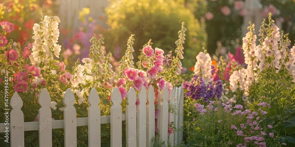 Fototapeta premium Scenic Flower Garden with White Picket Fence Featuring Colorful Blooming Flowers Under Bright Sunlight In A Serene Outdoor Landscape During Daytime