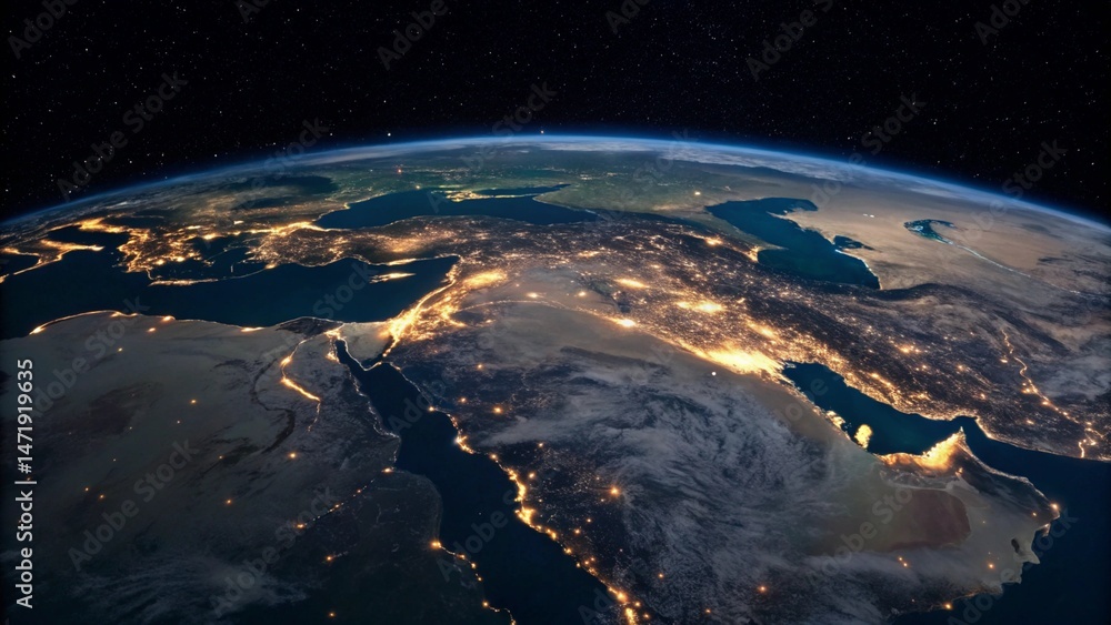 Fototapeta premium A stunning nighttime view of Earth from outer space, dramatically highlighting the illuminated cities across the Middle East, Europe, and North Africa, symbolizing global interconnectedness