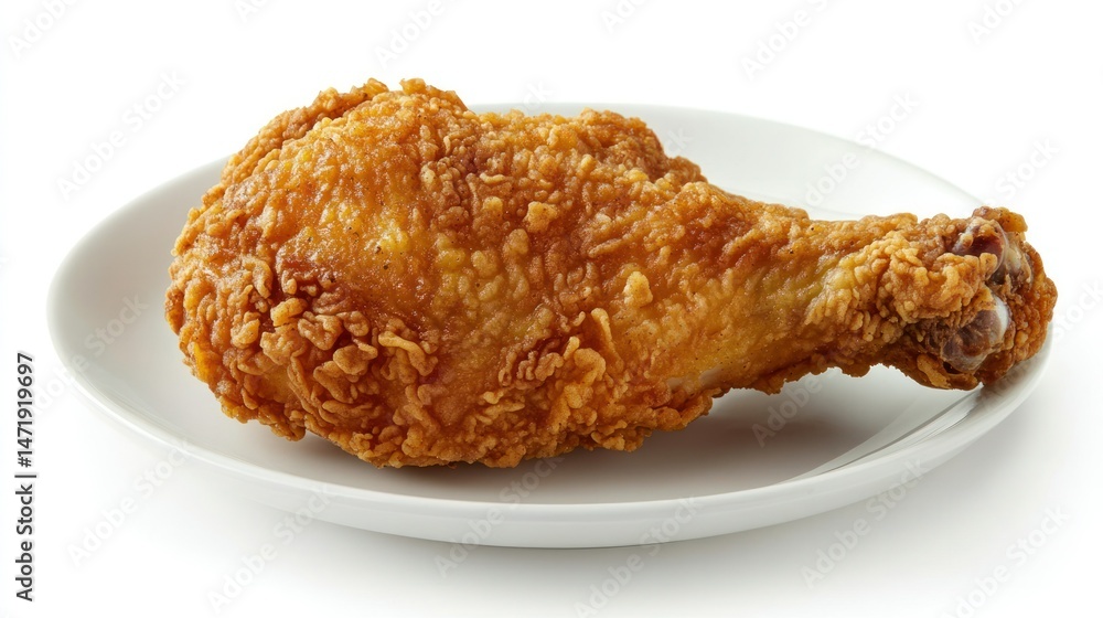 Crispy golden-brown fried chicken drumstick on white plate isolated on white background, juicy tender meat, seasoned breading, comfort food, fast food, protein meal Crispy golden-brown fried chicken drumstick on white plate isolated on white background, juicy tender meat, seasoned breading, comfort food, fast food, protein meal
