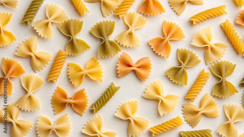 Obraz premium A vibrant flat lay of uncooked Farfalle (bow-tie) and Fusilli pasta in various natural colors, scattered across a light background, symbolizing delicious Italian cuisine
