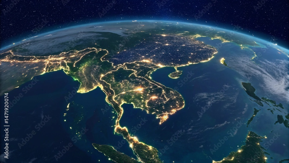 The vibrant glow of human activity captured from orbit, showcasing major cities and populated areas across the Asian continent at night, emphasizing the vastness of human development The vibrant glow of human activity captured from orbit, showcasing major cities and populated areas across the Asian continent at night, emphasizing the vastness of human development