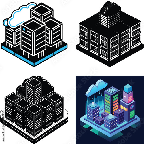 Isometric Illustrations of Cloud Computing Data Centers and Servers
